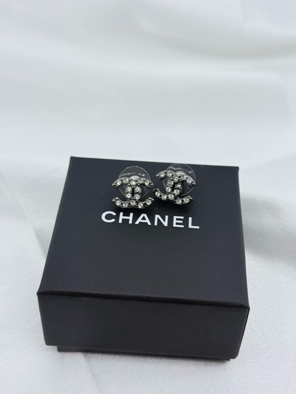 Chanel Classic Silver Crystal CC Stud Earrings
